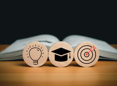Book in library with icon, business success idea and education or learning online concept, businessperson achievement and inspiration.